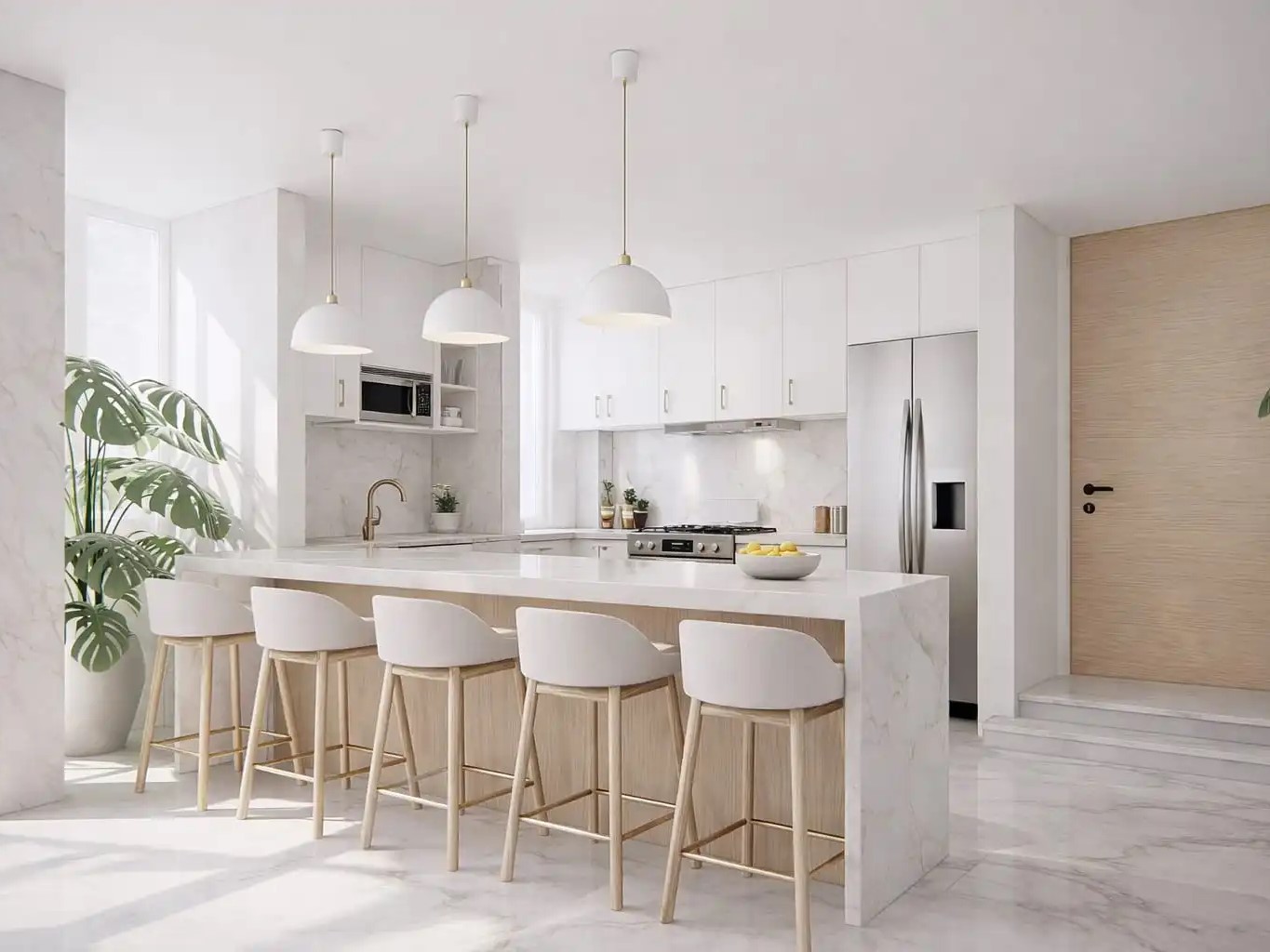diseño de interior en viviendas modernas con acabados de marmol y porcelanato de alto transito diseñado por arqbimstudio.