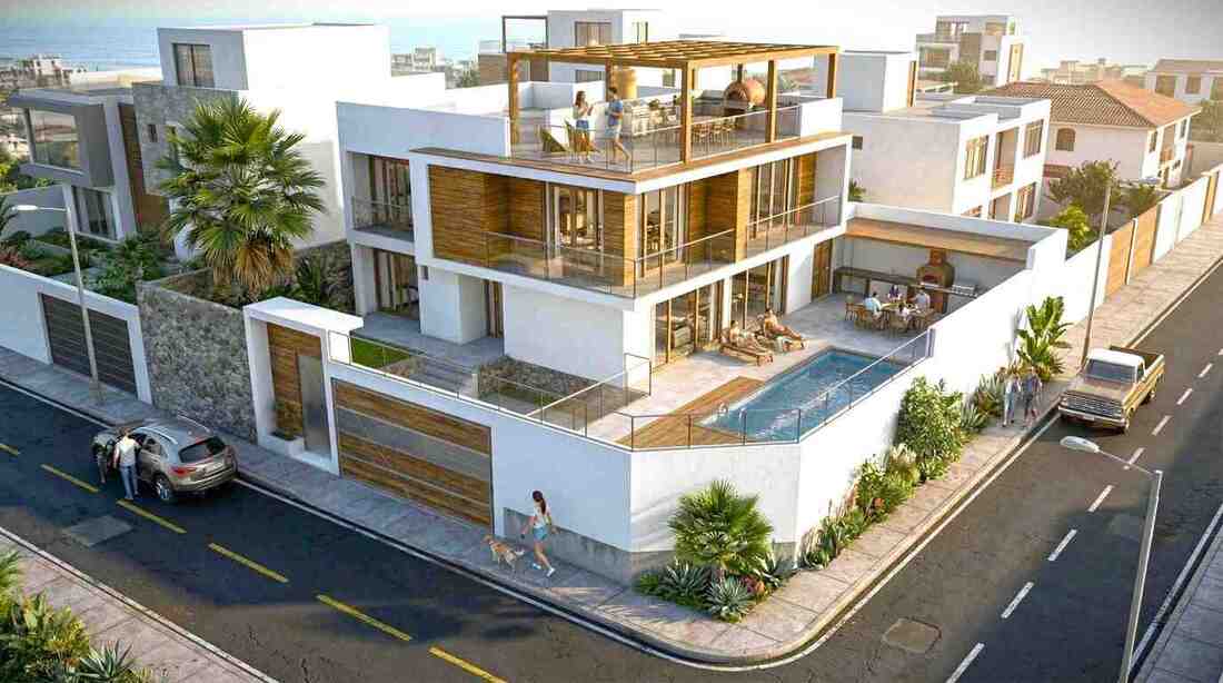 Render 3D de una casa moderna de tres niveles con piscina y terrazas sociales, diseño arquitectónico contemporáneo realizado por Arqbimstudio.