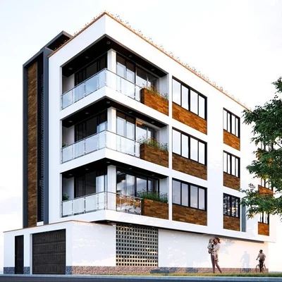 Diseño arquitectónico de vivienda multifamiliar moderna en el Callao con balcones de vidrio y acabados en madera, proyecto desarrollado por Arqbimstudio especialistas en diseño de edificios y casas modernas en Perú.