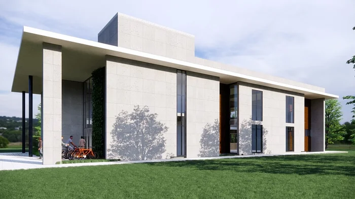 Expediente técnico para la nueva Facultad de Ciencias de la Universidad Nacional Agraria La Molina por ARQBIMStudio. Render de edificio moderno de hormigón con amplias ventanas y muros verdes en La Molina, Lima.