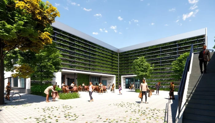 Consultoría de diseño arquitectónico en España por ARQBIMStudio. Render de plaza pública con edificio moderno que incorpora una gran fachada vegetal, promoviendo sostenibilidad y biofilia.