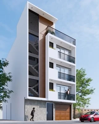Diseño y modelado BIM de vivienda multifamiliar de 4 pisos en Ancon por ARQBIMStudio. Render de fachada moderna con celosía vertical, balcones con jardineras y acabados en madera.