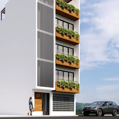 Diseño y modelado BIM de vivienda multifamiliar de 4 pisos en Carabayllo por ARQBIMStudio. Render de fachada moderna con celosía vertical, balcones con jardineras y acabados en madera.